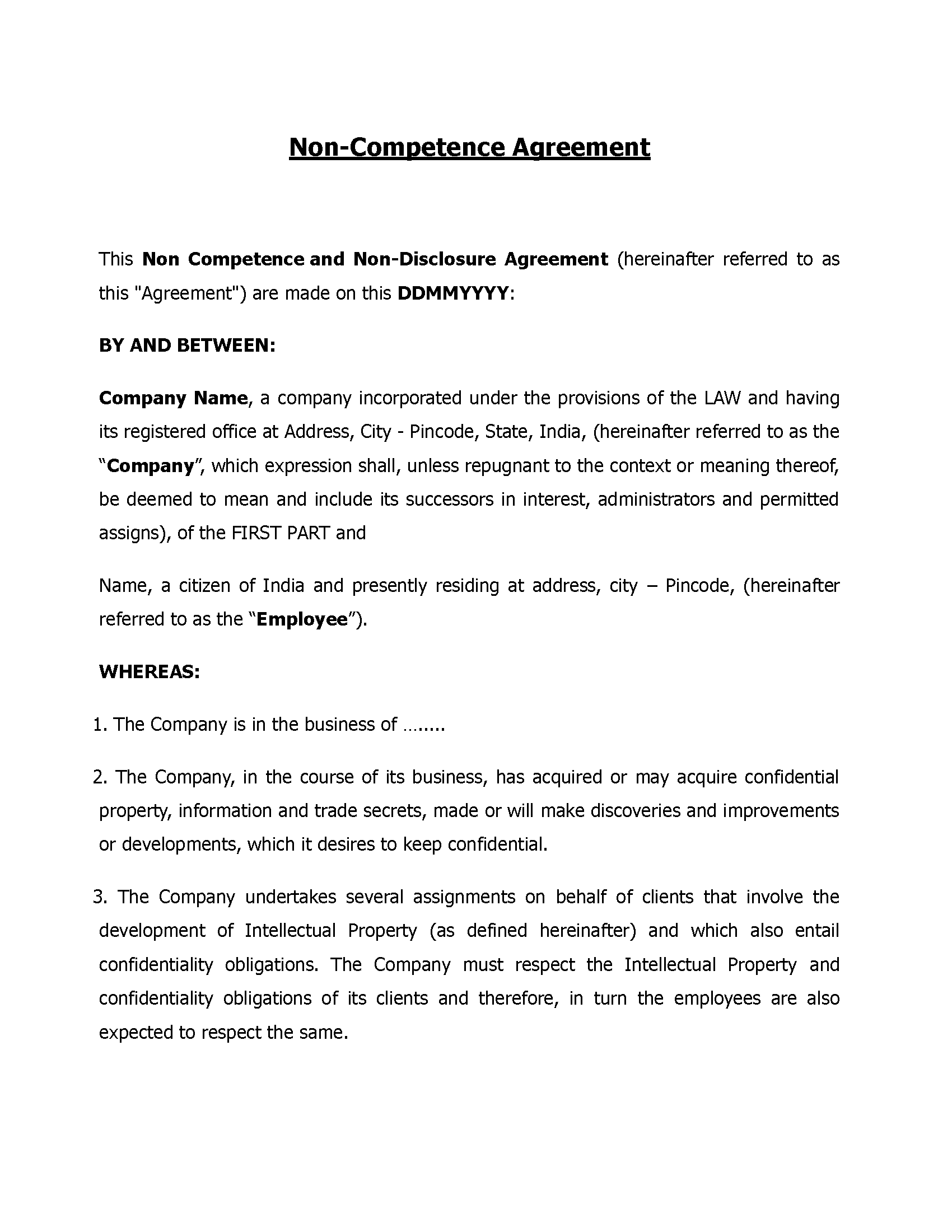 Non Competence And Non-Disclosure Agreement